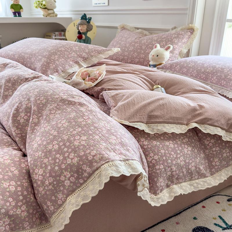 Small Fresh Lace Bedding Four-piece Set, Skin-friendly and Breathable, Washed Sheets, Quilt Covers, Pillowcases