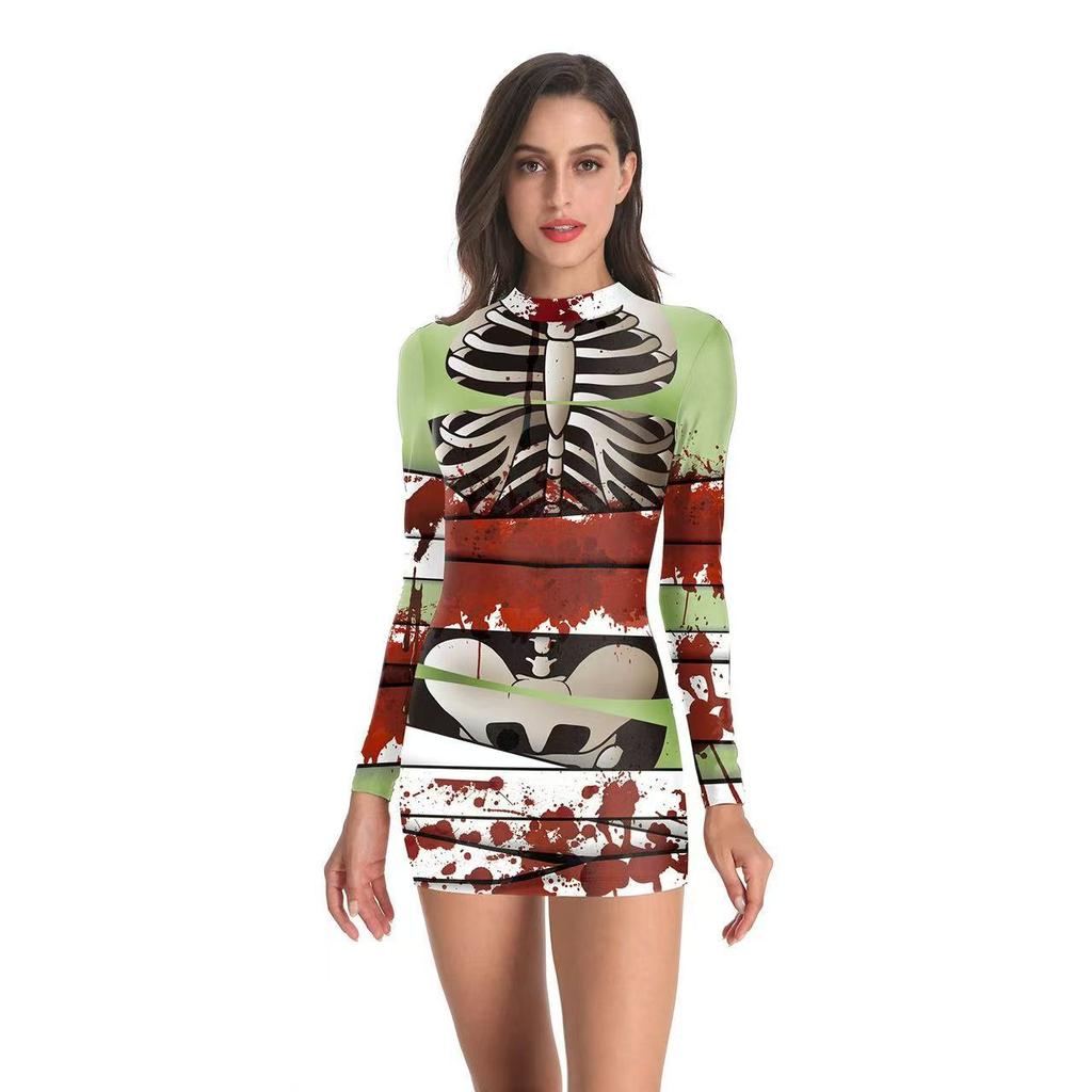 New Halloween D print long-sleeved tight dress European and American hot girl style sexy party dress