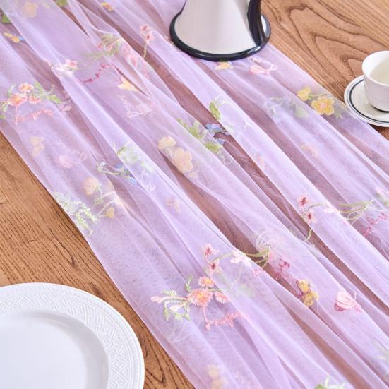 Bestickter Blumiger Tischläufer Transparenter Tüll Tischläufer Schmetterlingsblumen Tischläufer für Esstisch Hochzeit Babyparty Frühlingsfest