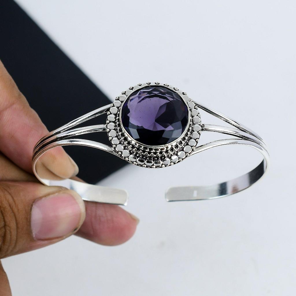 Dainty Amethyst Gemstone Handmade Cuff Bangle 925 Sterling Silver Cuff Bangle, Amethyst Cuff Bangle For Wife , Unisex Bangle, Birthday Gift