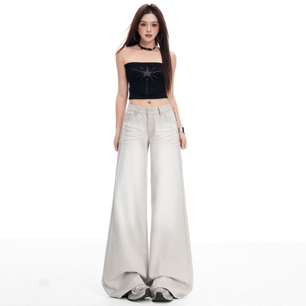Spring Summer Vintage Sandblast Washed Relaxed Gray Tone Micro Flare Comfy Casual Denim Long Pants Ladies Casual Pants Oversize Denim Trousers