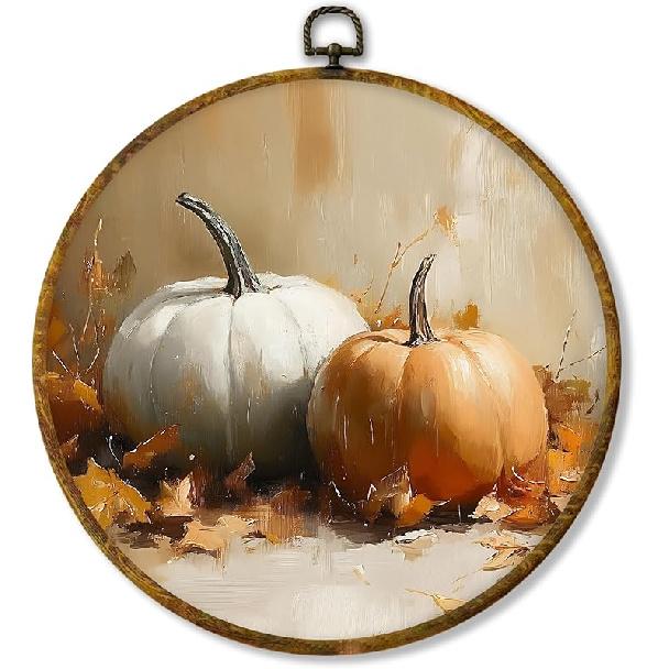 Hiuwevt Винтажный Осенний Тыква Круглый Декор Настенного Искусства, Ретро Фермерский Осенний Тыква Напечатанные На Холсте Картины В Рамах, Сельский Осенний Круглый Подвесной Декор Для Дома fall-1