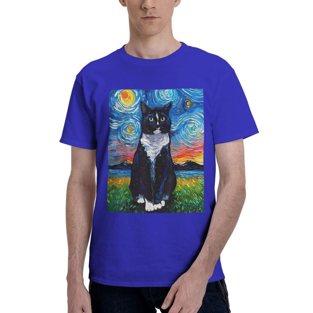 Black And White Cat Starry Night Print 100 Cotton Casual Breathable Confortable Men Top Mens Clothing Brands Men TShirt