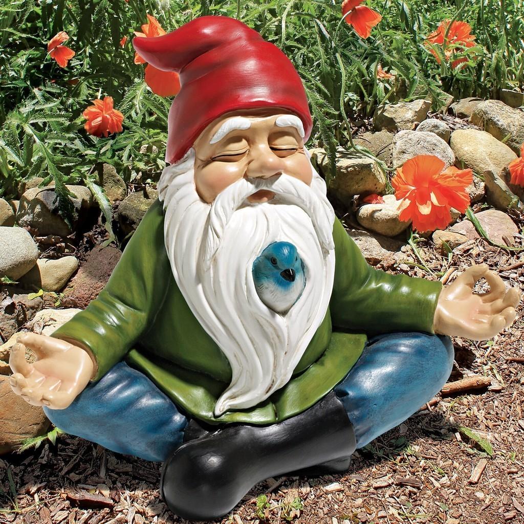 Charming Resin Gnome Meditation Figurine With Bird For Zen Garden Decoration
