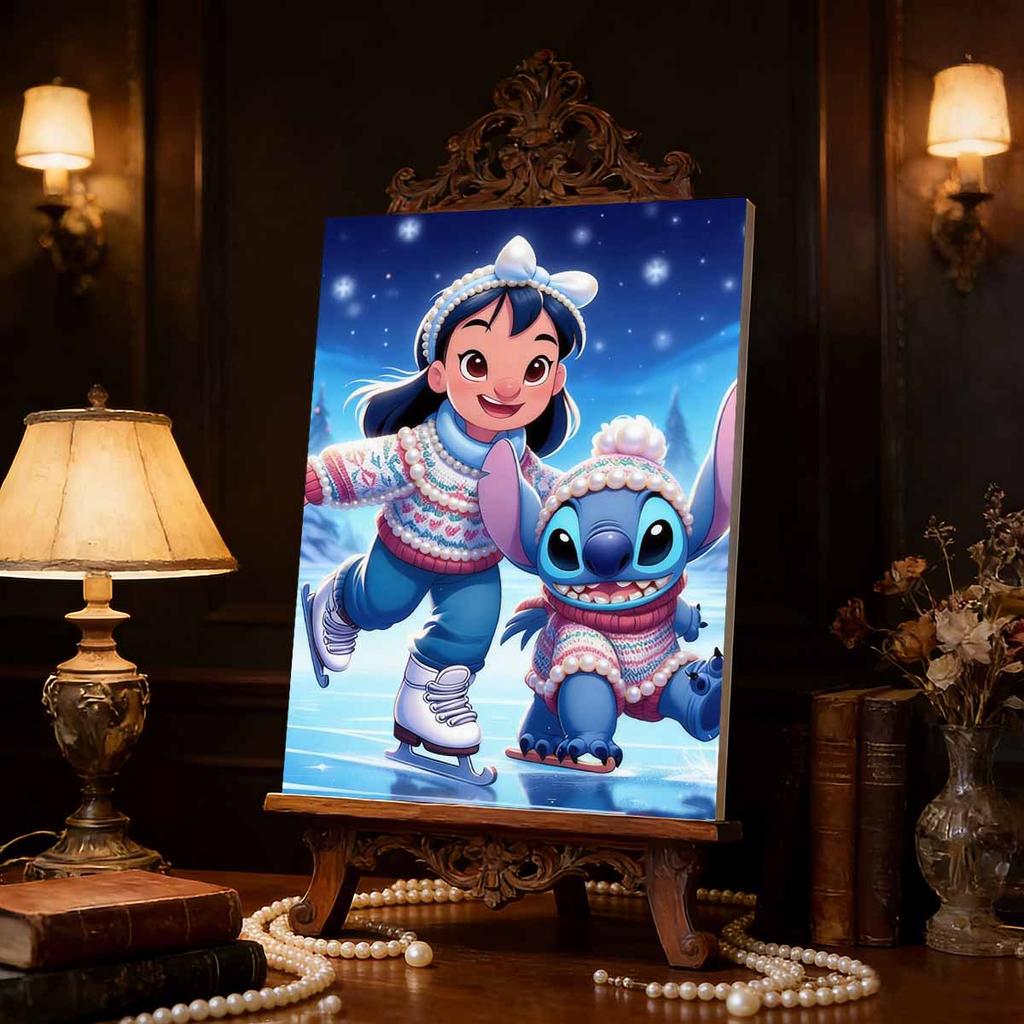 Disney Pearl Painting Lilo and Stitch Ice Skating Winter Healing Creative Art 5D Exquisite Landscape Sparkling Craft HomeWallDecorationDIYHandmadeGift