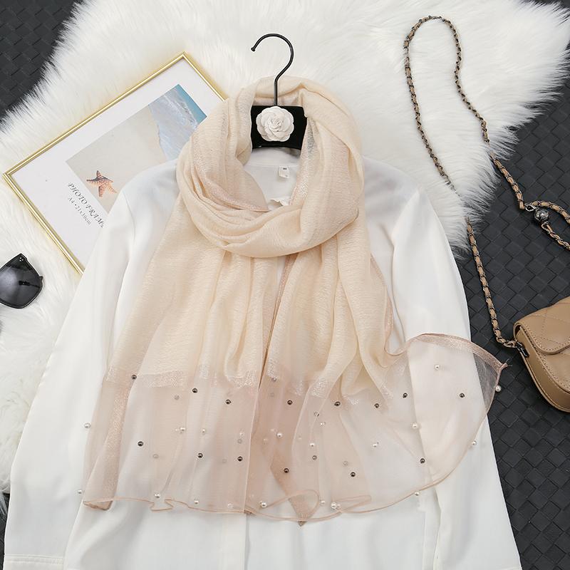 Fashion Luxury Silk Scarf For Women Shawls With Beads Long Scarf For Women Female Foluard Stoles Bandana Head Wraps Headscarf