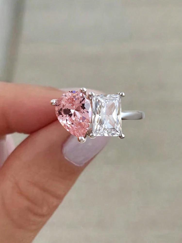 copper WaterDrop Square Sparkling Zircon Ring Ideal For Women Engagement Wedding Luxury Fashion High Quality Fine Jewellery