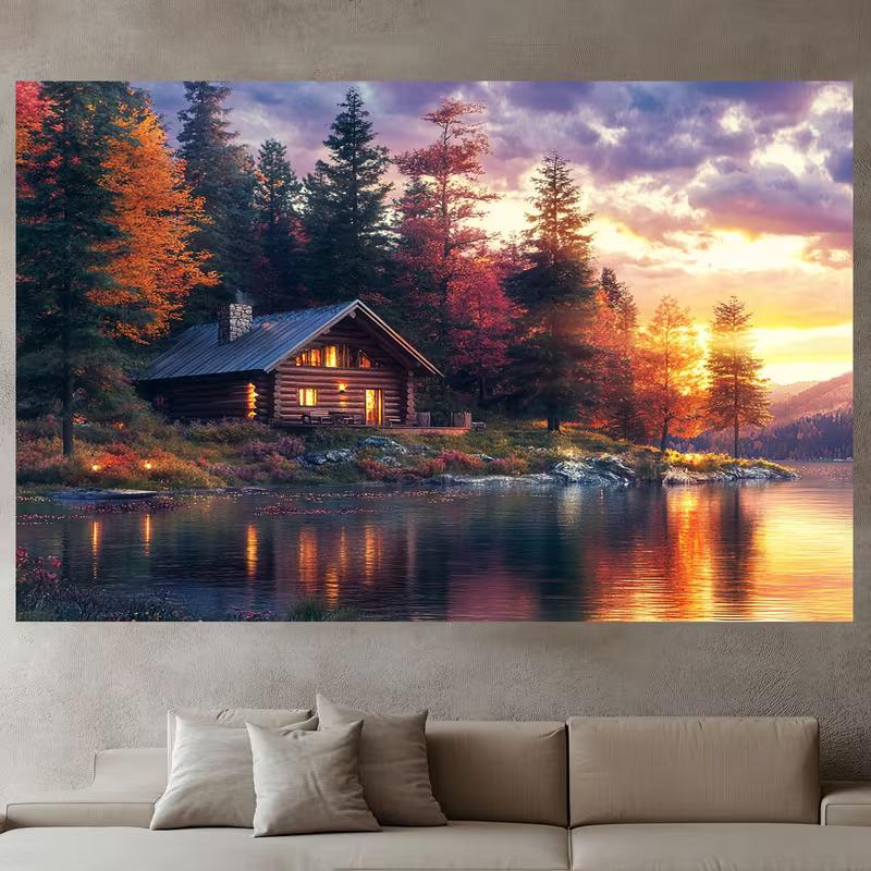 2D Flat Printing Cozy Cabin Backdrop Forest Lake Sunset Party Background
