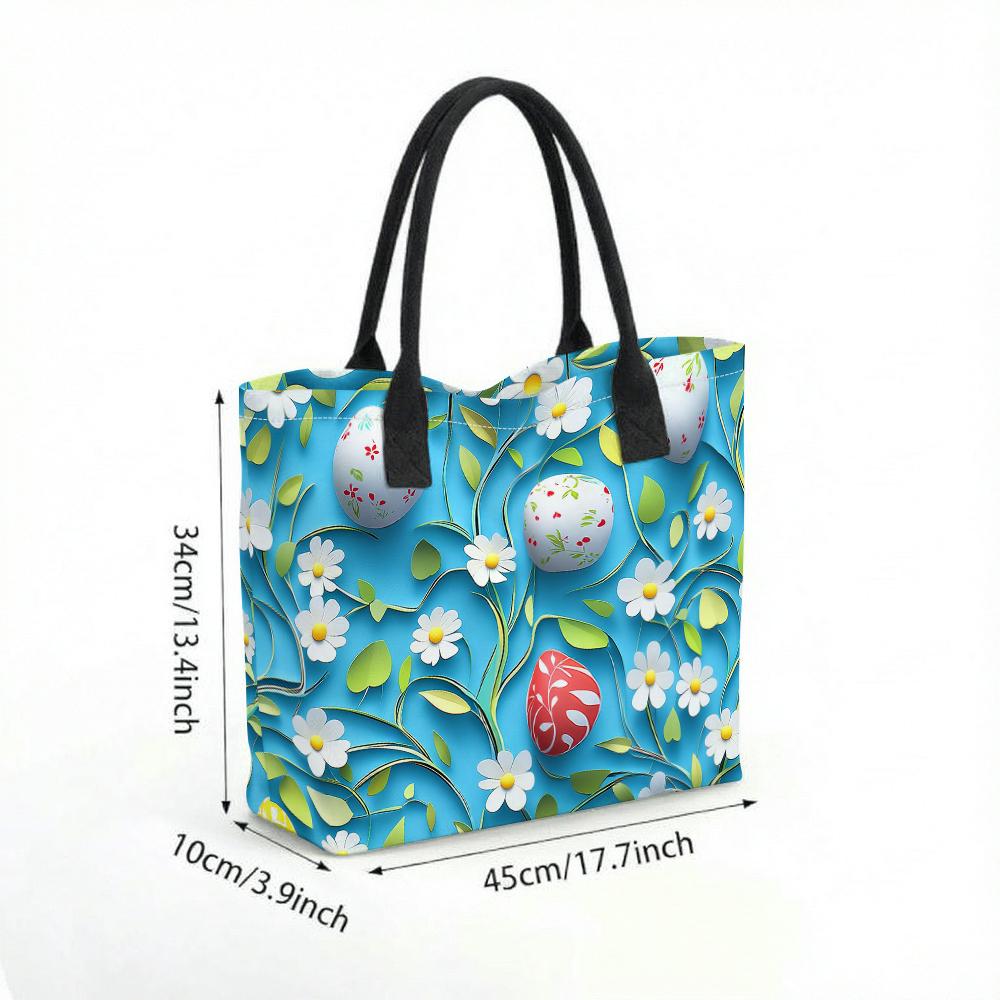Easter Tote Bag Spring Floral Egg Pattern Casual Portable Handbag for Daily Shopping Travel