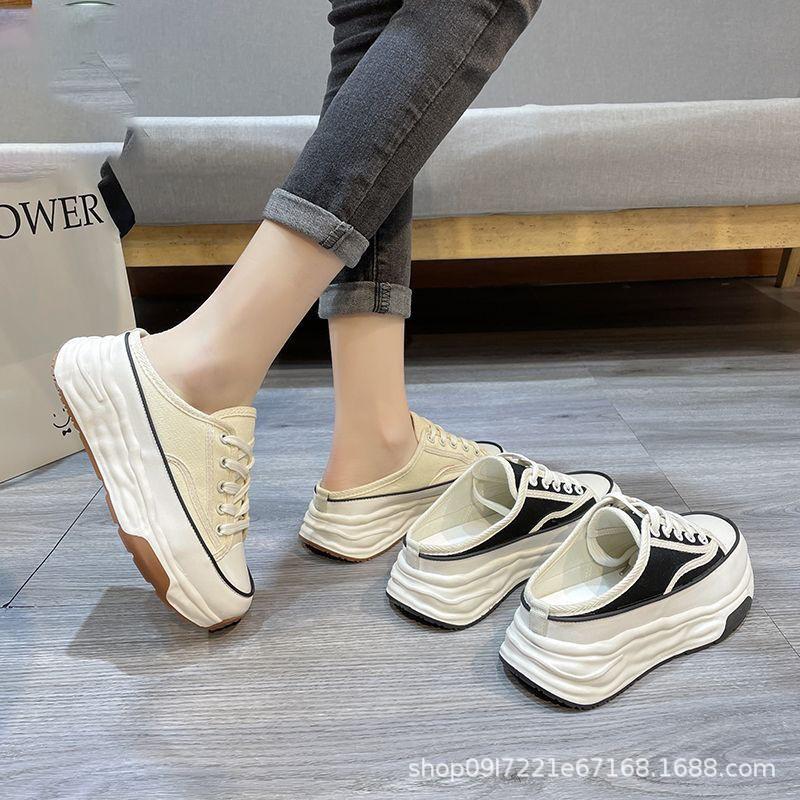 2025 New Muffin Bottom Heightened Casual Lazy Half Support Thick Bottom Bag Head Half Slippers Women's Summer Outer Wear Canvas Slippers