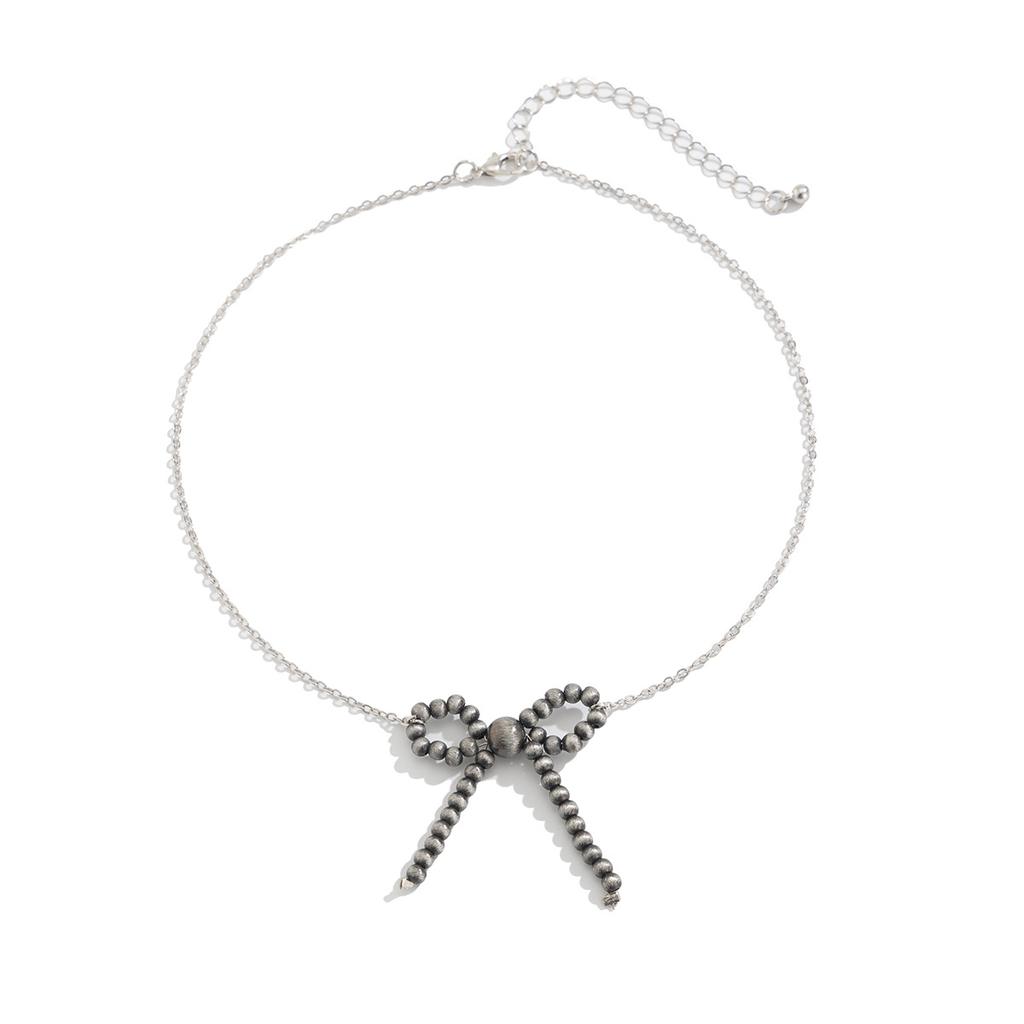 Fashion Style Bow Pendant Necklace Female, Retro Geometric Beaded Collarbone Necklace