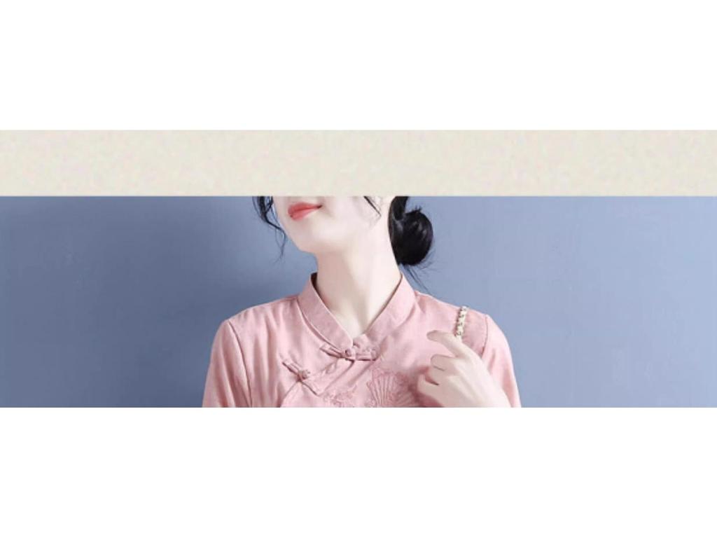 Women's Spring Cotton-Linen Top: Frog Buttons, Embroidered, Oblique Placket, 3/4 Sleeves, Pink/Yellow. Perfect for Tea Ceremonies.