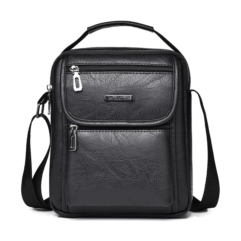 Mens Vintage Fashion Sling Bag Large Capacity Solid Pu Leather Message Bag One Shoulder Bag with Handle