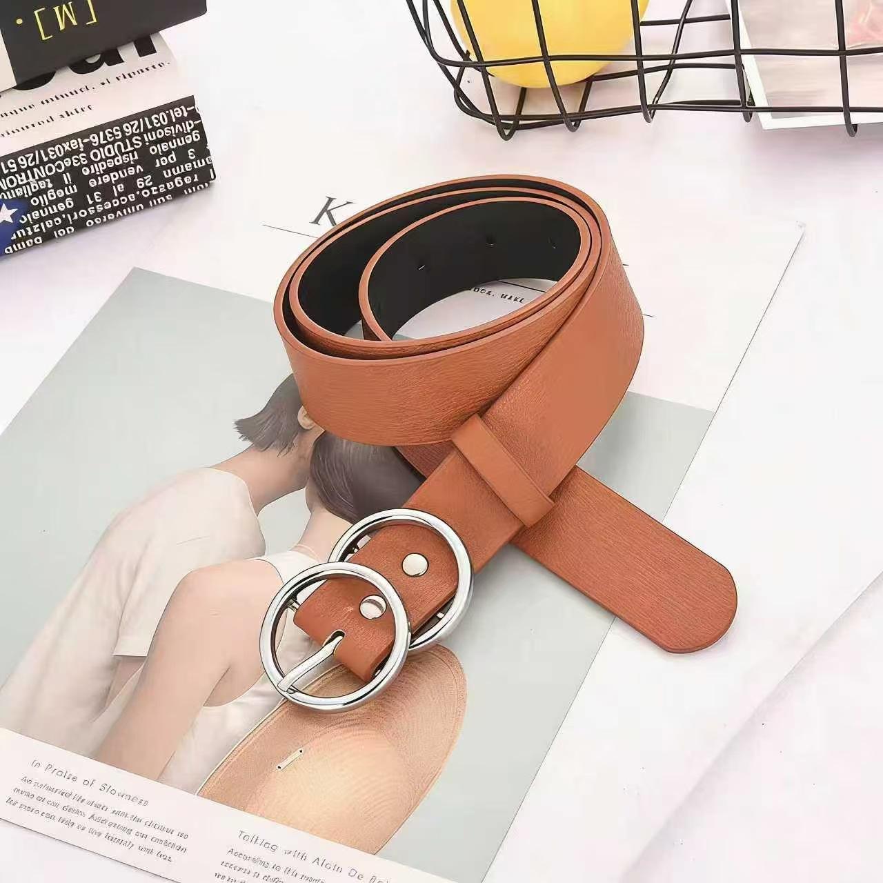 Korean Double Ring Genuine Leather Belt: Women s Retro Pin Buckle Versatile for Jeans and Dresses коричневый