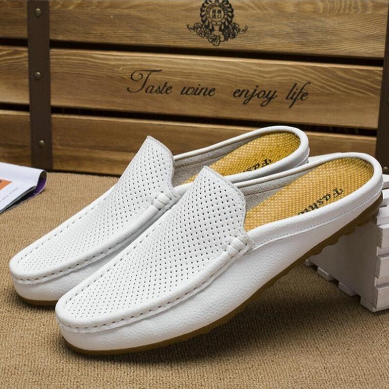 Summer Slip On Half Shoes For Men Leather Slippers Casual Mules Breathable Comfy Loafers Moccasins White Black Blue