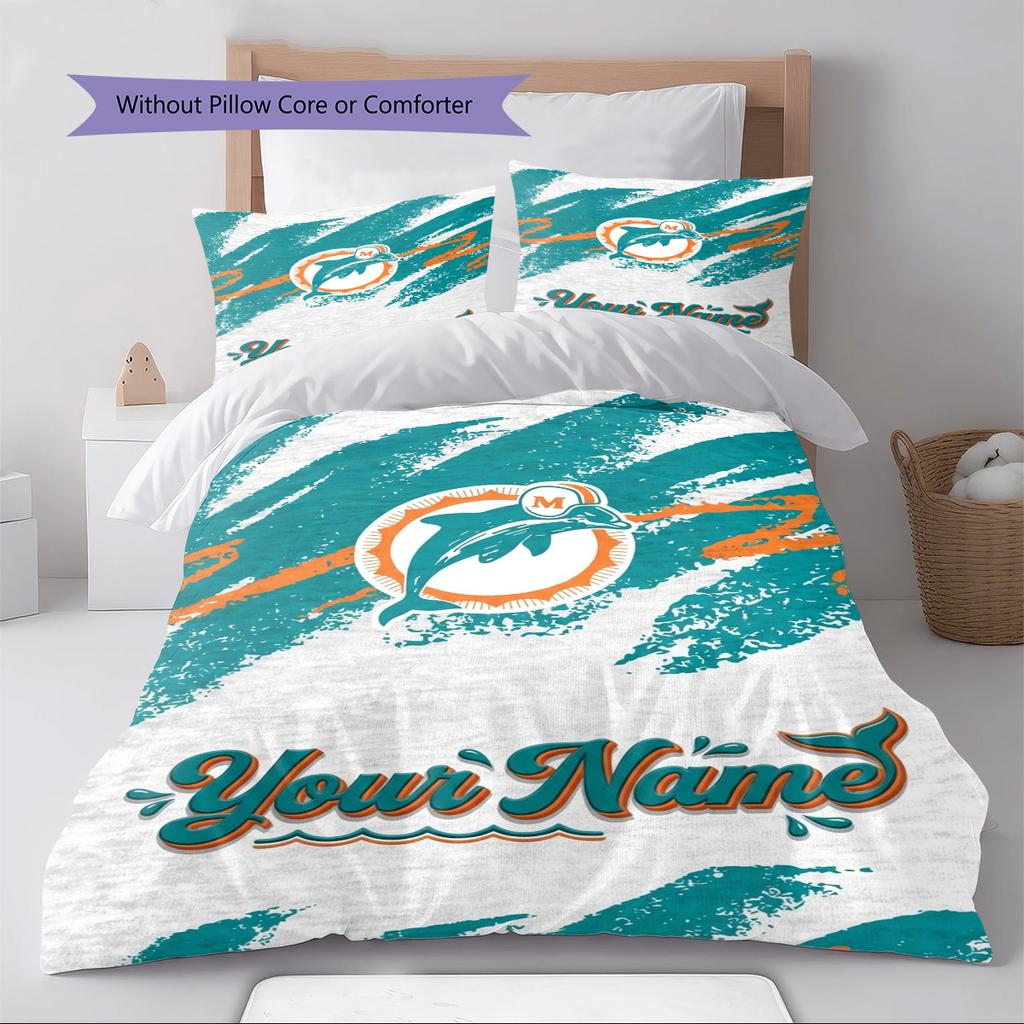Name Custom Miami Dolphins Pattern Bedding Set Quilt Cover Pillowcase Home Decor Gift (1 * duvet cover + 2 * pillowcase, without core)
