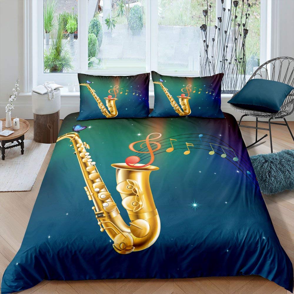 Saksofon Zestaw Poszewki na Kołdrę Obracające się Nuty Muzyczne Zestaw Pościeli Instrument Muzyczny Motyw Retro Muzyki Jazzowej Pojedyncza Poszwa na Kołdrę Dla Dzieci
