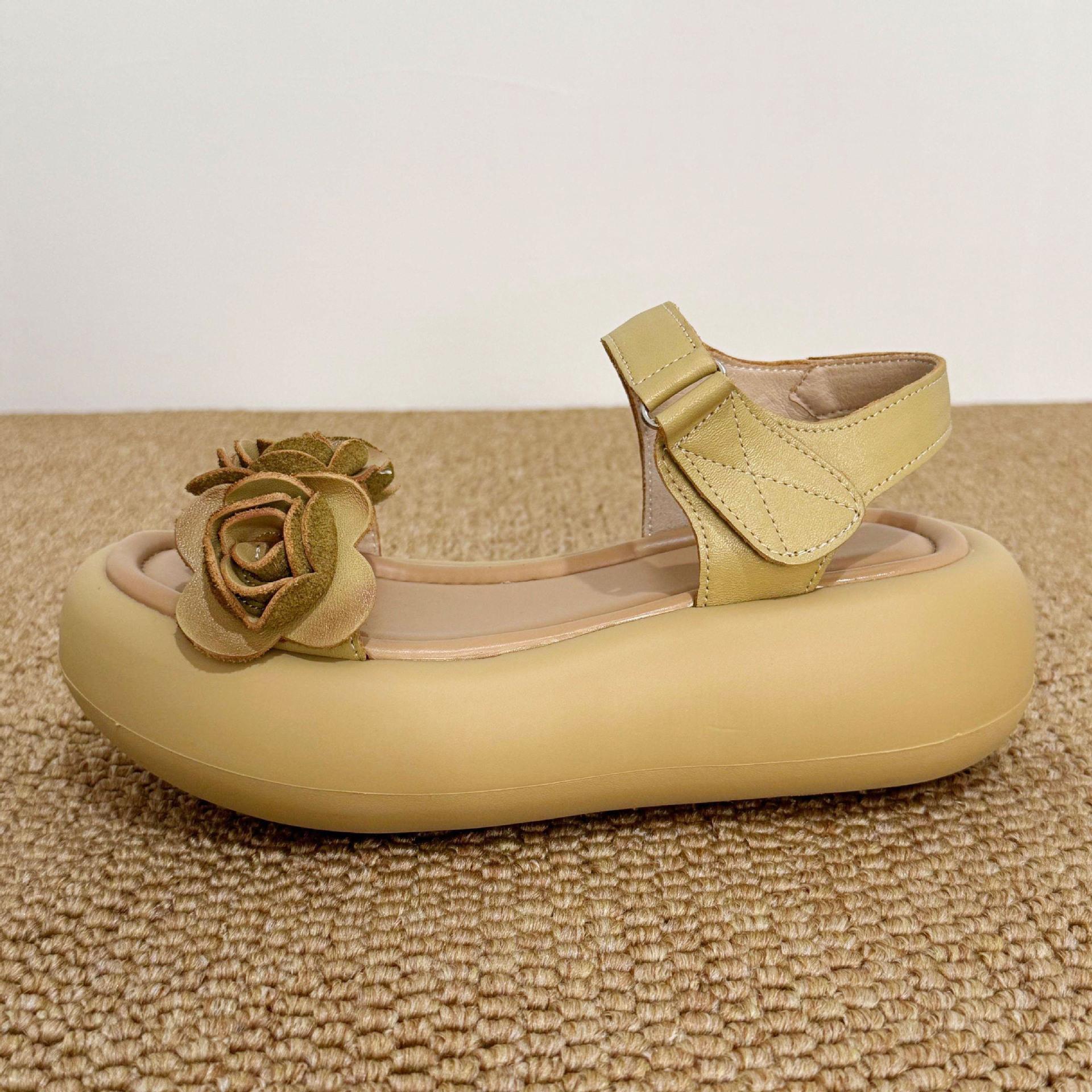 

Johnature Винтажные сандалии ручной работы с цветами из натуральной кожи для улицы, легкие, на толстой подошве, женская обувь 40 светло-желтого