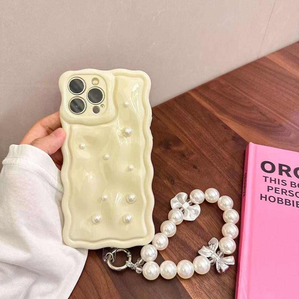 Japan and Korea gentle pearl chain for iPhone16Pro max Apple 15 mobile phone case 14/13 white soft case