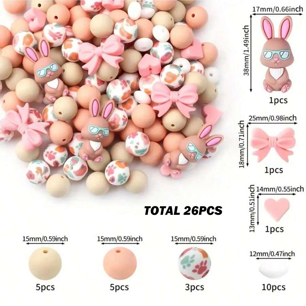 

26/30/52/98PCS Easter bunny silicone bead set, perfect for DIY handmade crafts such as keychains, necklaces, bracelets, etc