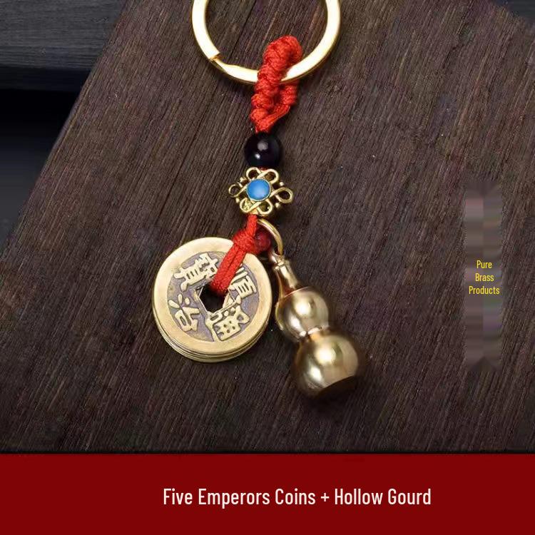 Pure Brass Pixiu & Five Emperors Coins Keychain Pendant with Hollow Gourd Charm