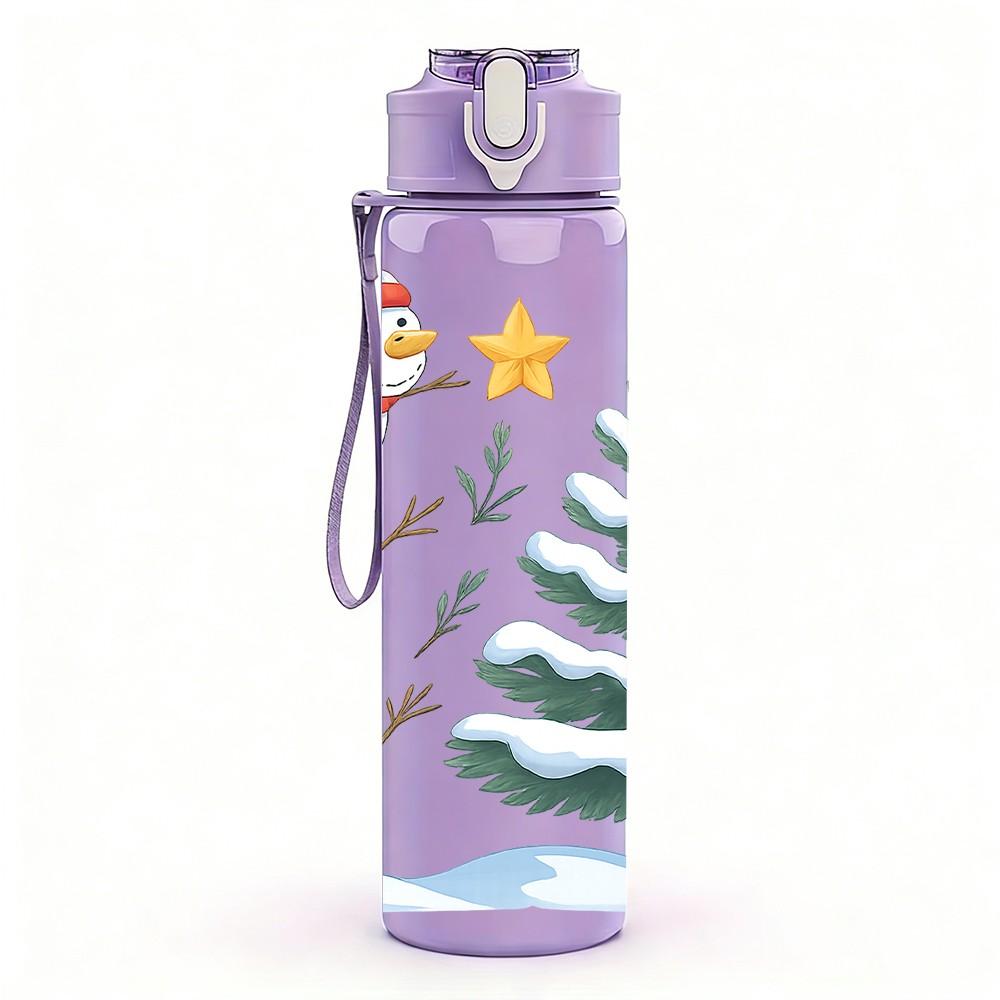 1PC Snowman Pine Winter Scene 750ml Color Plastic Sports Water Bottle Leakproof Flip Straw Lid Suitable for Sports Office Home Use