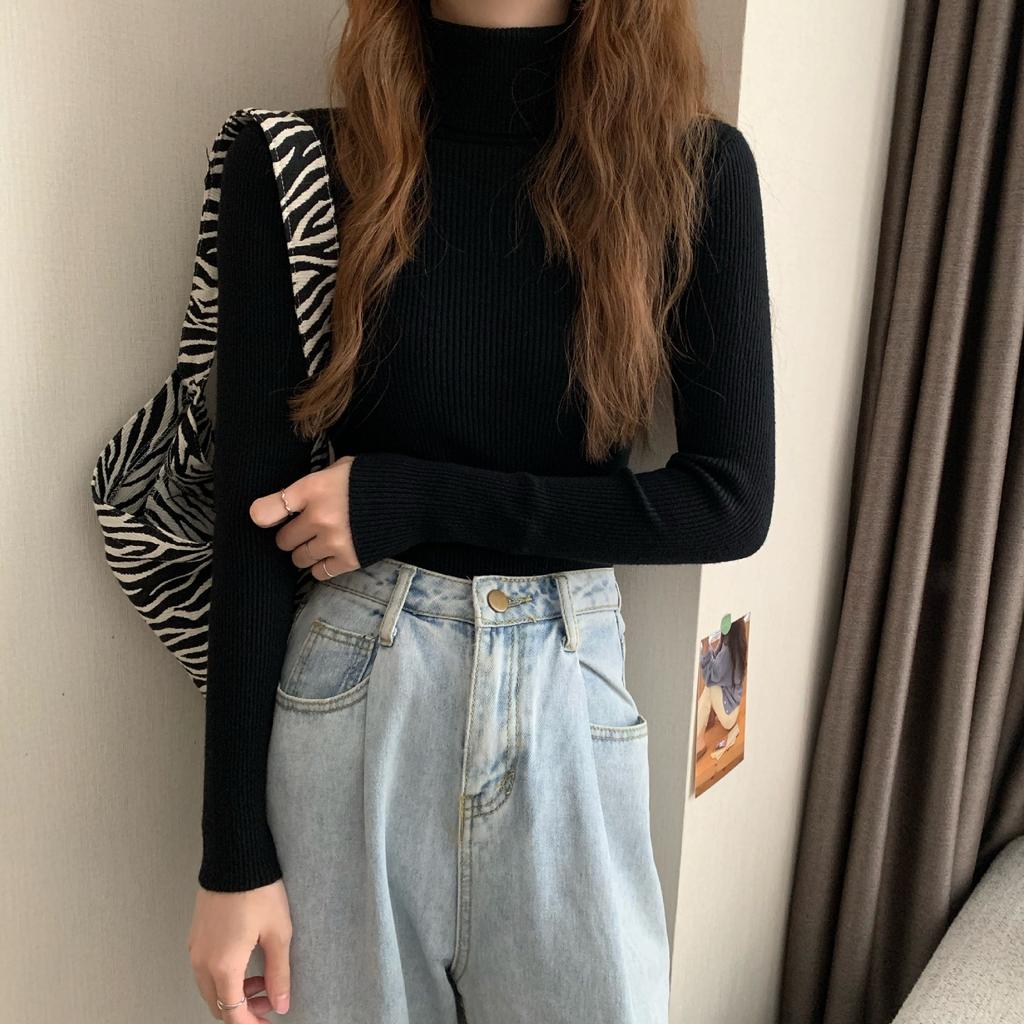 Zimní rolák dámský svetr pletený svetr měkký tenký top s dlouhým rukávem jednobarevný základní svetr s vysokým výstřihem dámské oblečení