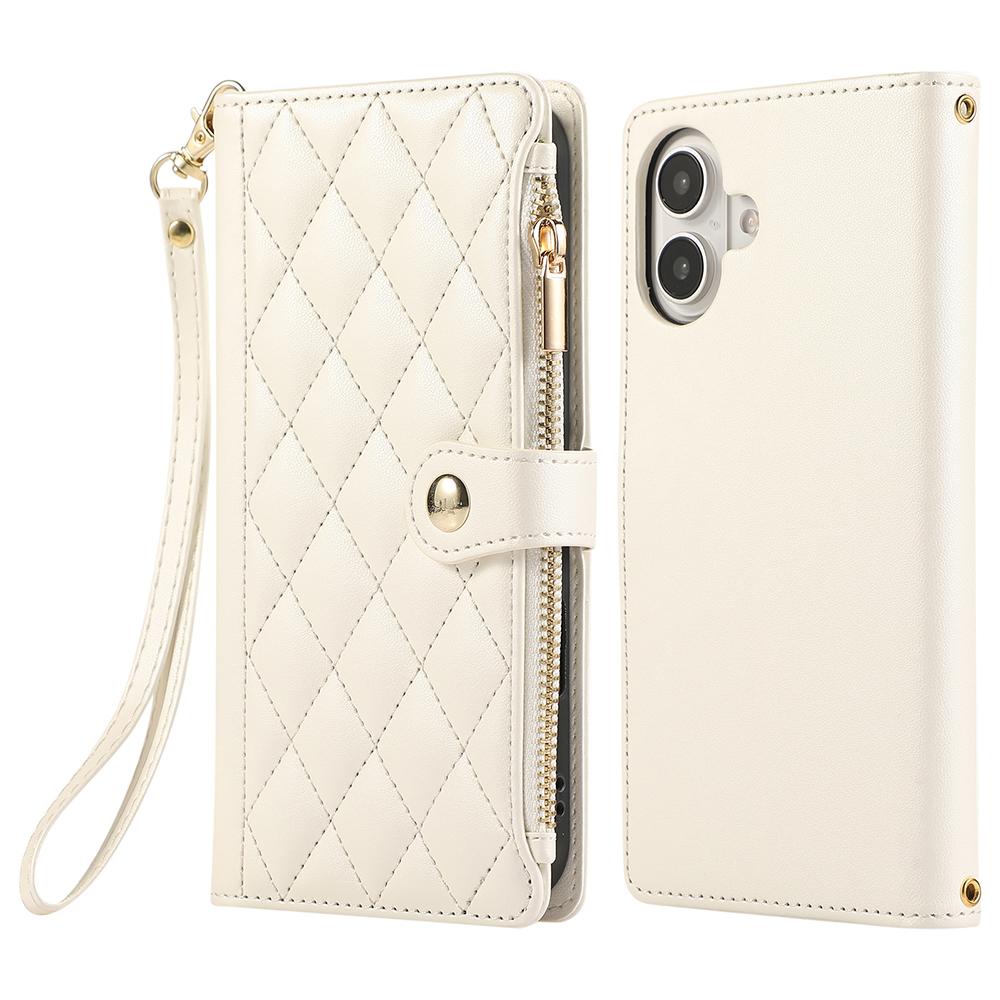 For iPhone 16 Case Multi Card Slots Zipper Rhombus Leather Phone Cover with Wrist Strap