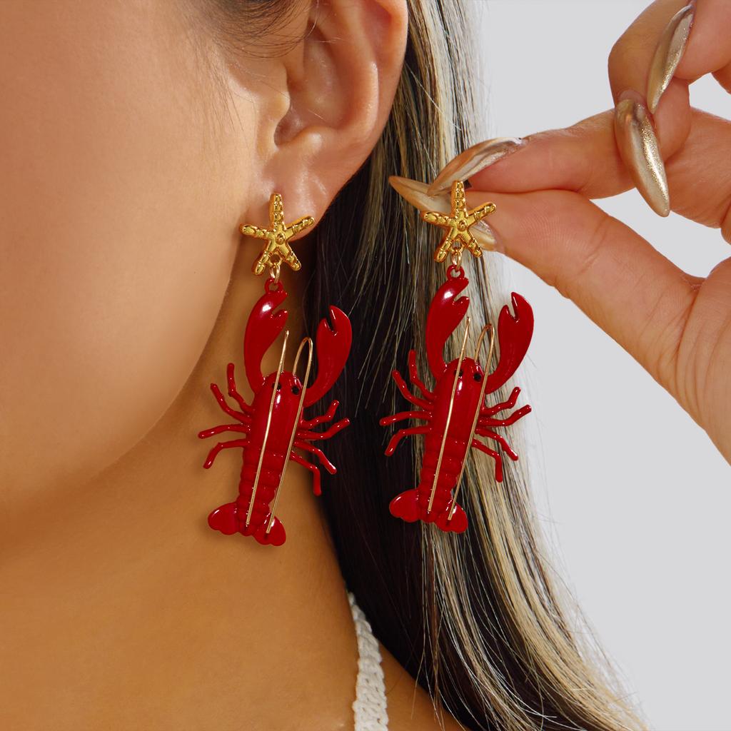 Cute Red Lobster Dangle Earrings for Women Shiny Rhinestone Enamel Ocean Animal Jewelry Summer Vacation Accessories
