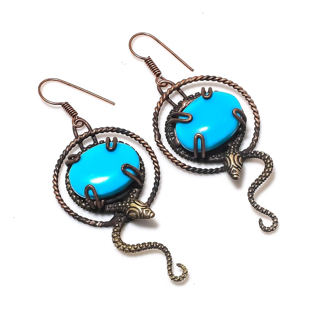 Sleeping Beauty Turquoise Earrings, 999 Copper Wire Wrapped Gemstone Jewelry, Handmade Earrings, For Thanksgiving