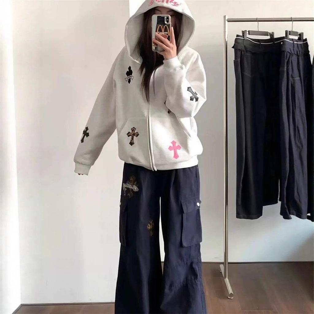 Trendy brand cross embroidered hooded sweater women's autumn and winter new loose design couple hoodie