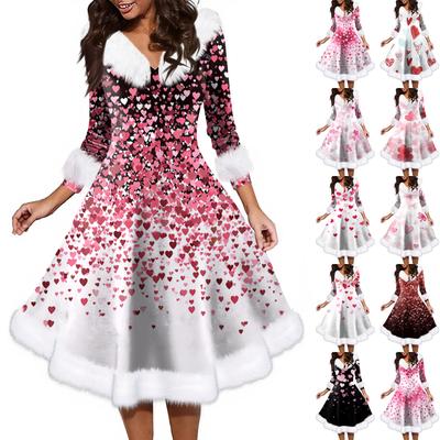 Damenmode V-Ausschnitt Lässige Passform Weihnachtsdruck Party Langarmkleid
