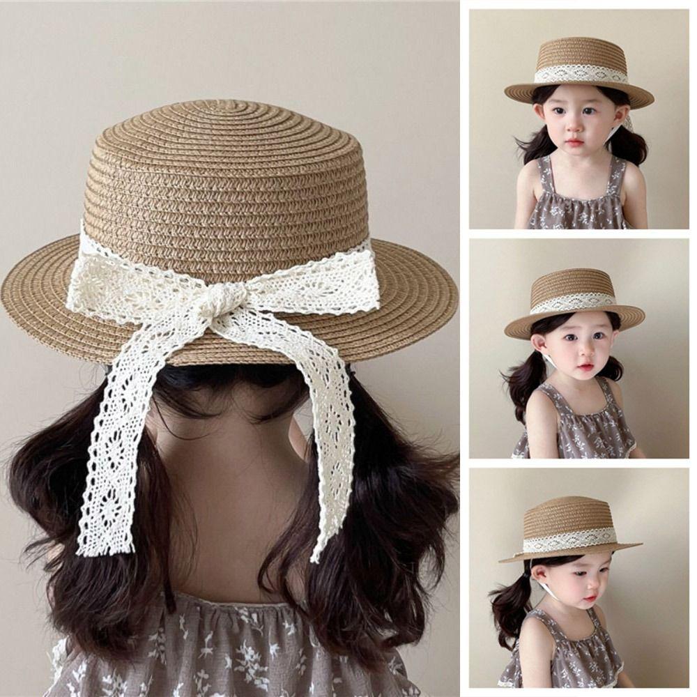 French Style Children Straw Hats Spring Summer Baby Sun Hat Trendy Bow Lace Straw Hat  for Kids
