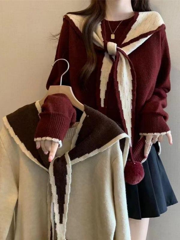 Chic Red Christmas Shawl Sweater for Women - Korean Style Knit Top, Petite Autumn/Winter Fashion