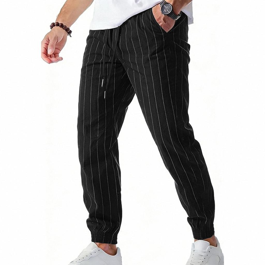 Men Drawstring Waist Pinstripe Jogger Pants Relaxed Fit Lightweight Breathable Trousers for Daily Wear Sports Activities