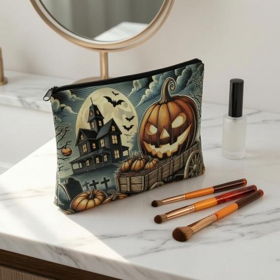 Halloween Themed Pencil Case Storage Bag Large Capacity Cosmetic with Pumpkin Smooth Zipper