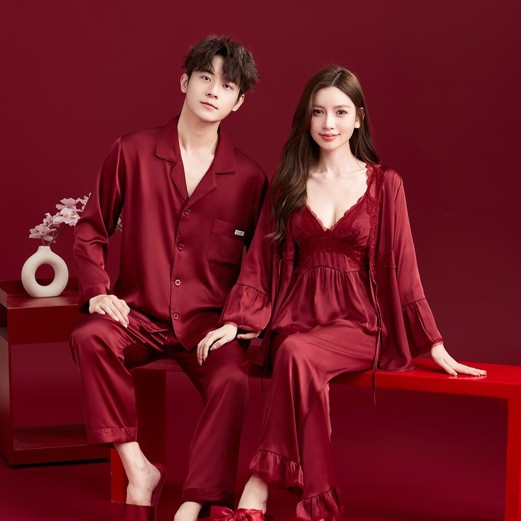 Pajamas couple wedding newlywed red men and women ice silk suspender nightgown morning gown long sleeve natal year silk suit