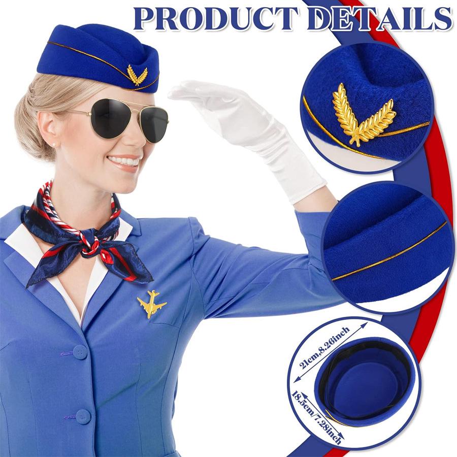 Cosplay Kostüm: Halloween Flugbegleiterin mit Brille, Hut, Handschuhen und Schal