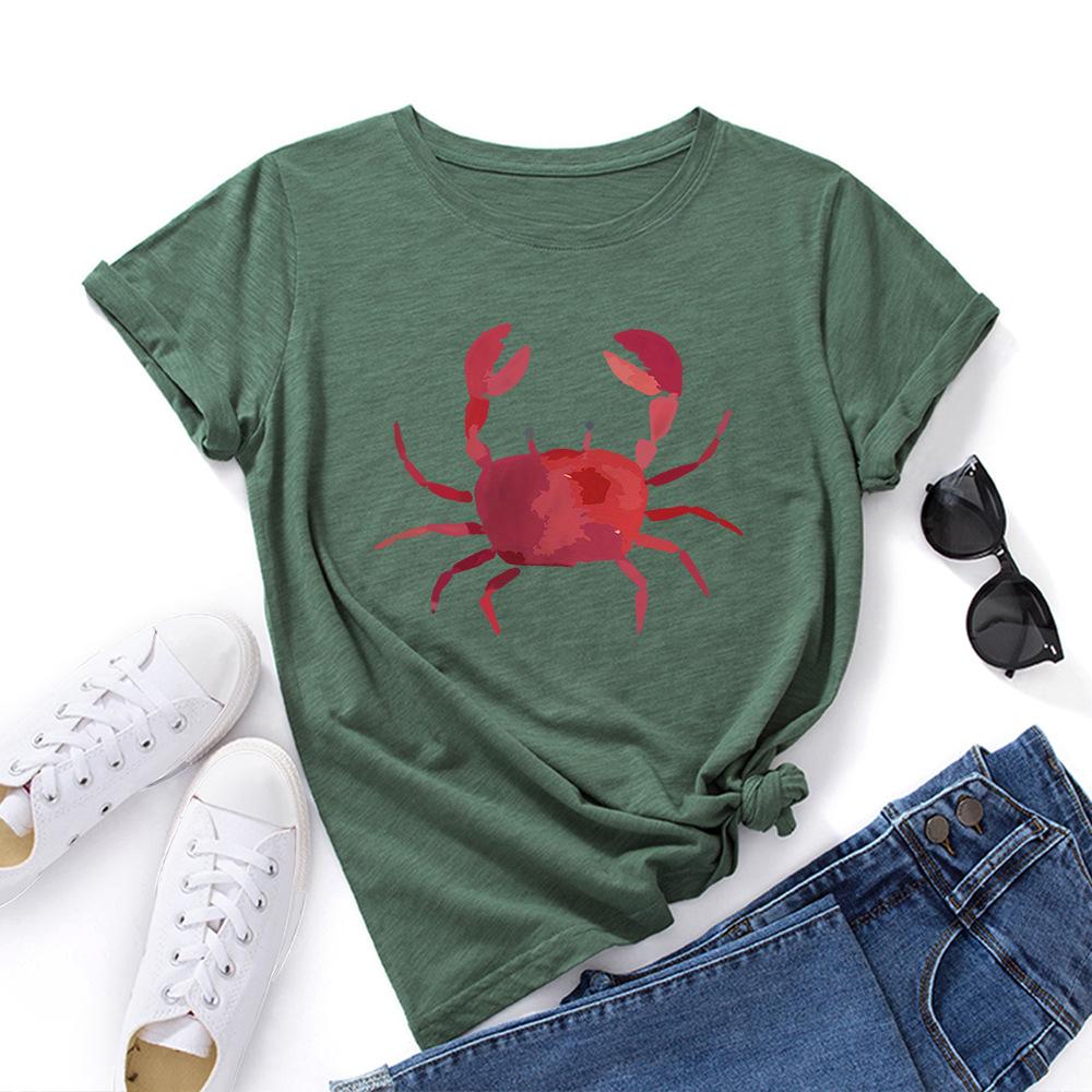 Fashion Women's Clothing Cute Crab Print Loose Crew Neck Short Sleeves T-Shirts Women’s