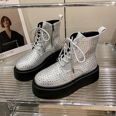 Moda Donna Moda Stivali Singoli con Plateau Autunno Nuovi Punta Tonda Bocca Profonda Allacciatura Frontale Stivali Corti Completamente Traforati