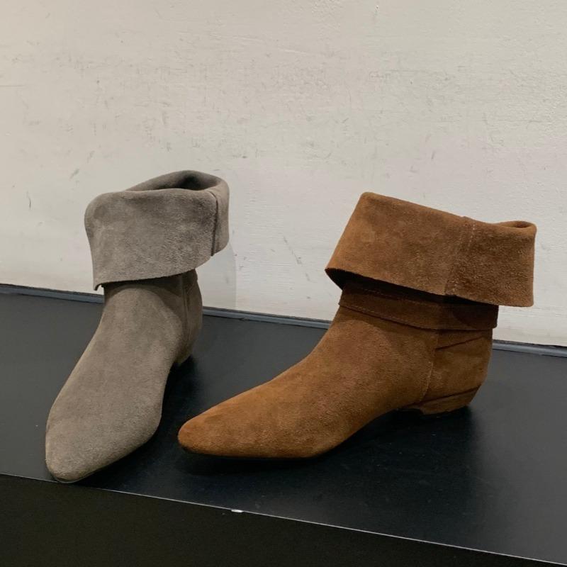 Genuine Leather Low Heel Ankle Boots Women Fashion Pointed Toe Buckle Design Western Cowboy Boot High Quality Nubuck Modern Boot
