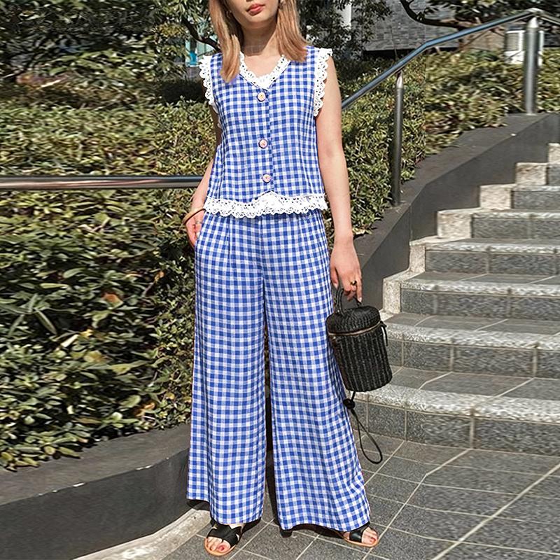ZANZEA Women Sleeveless Tank Tops and Pants Summer Plaid Print Two Piece Suit Sets