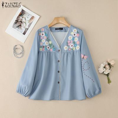 Women Casual V-Neck Floral Print Long Sleeve Blouse