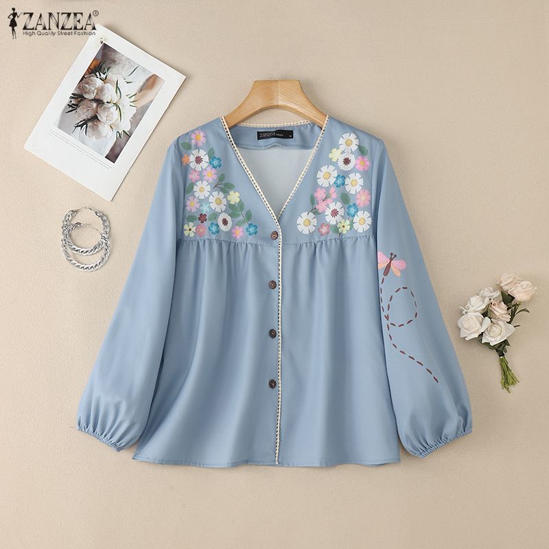 ZANZEA Blusa Feminina Casual com Decote V, Estampa Floral e Manga Longa