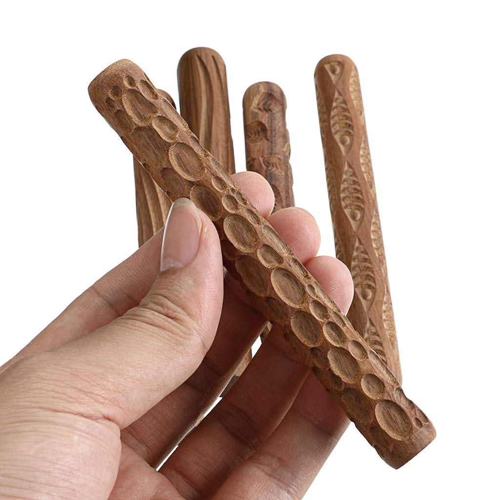 Sumnacon Pottery Clay Stamping Wooden Hand Different Set of 5 Tool, Roller, Patterns,