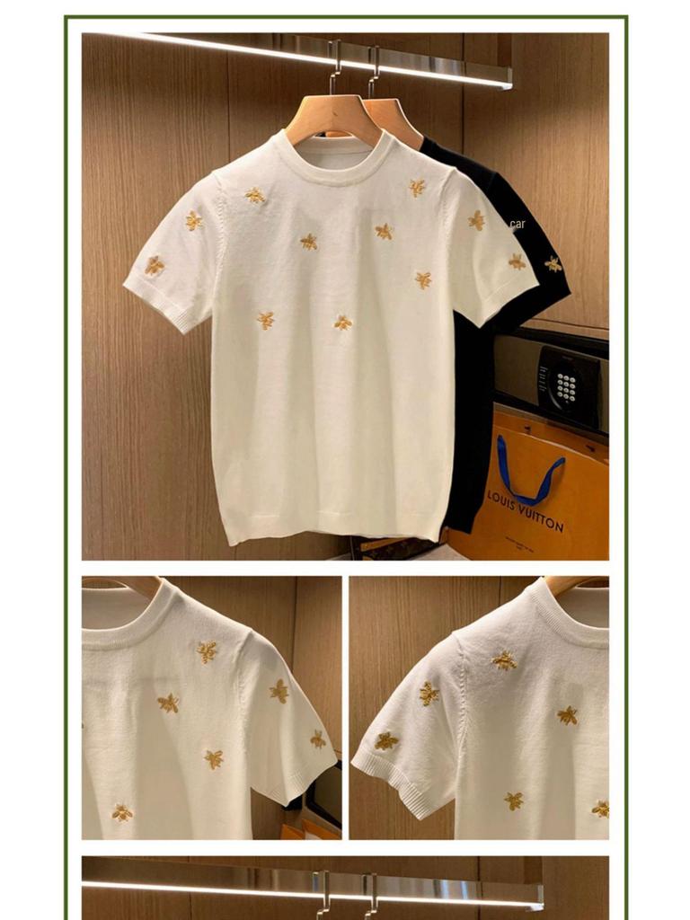 Men's Trendy European Bee Embroidery Knit T-Shirt, Short-Sleeved, Round Neck, Light Luxury Style