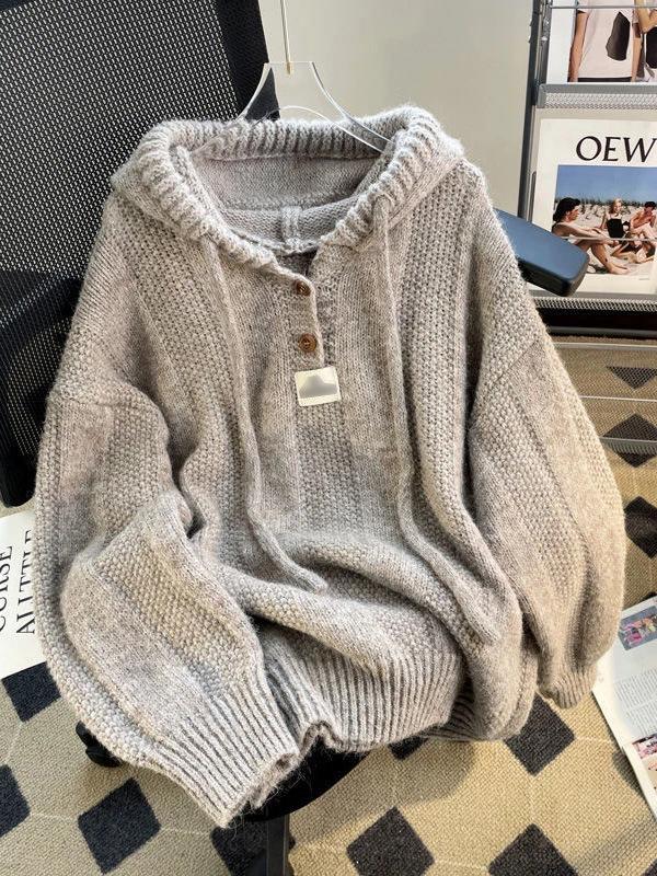Korean Style Women's Soft Hooded Knit Sweater Coat: New Loose-Fit Autumn/Winter Pullover