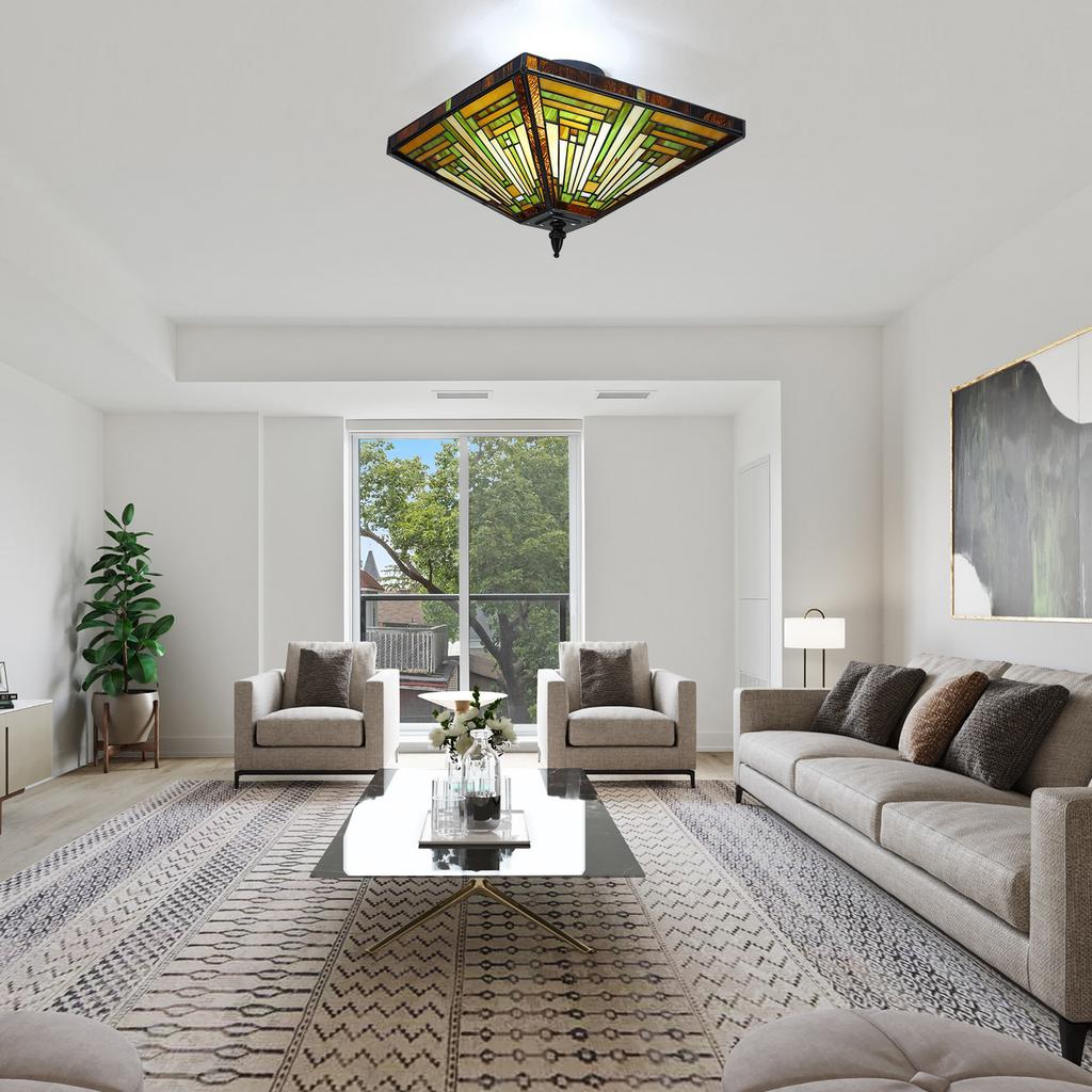 Tiffany Style Stained Glass Lamp,Handmade Artisan Ceiling Light W/ E26 Holder,Dimmable Lighting Fixture for Living Room,Kitchen