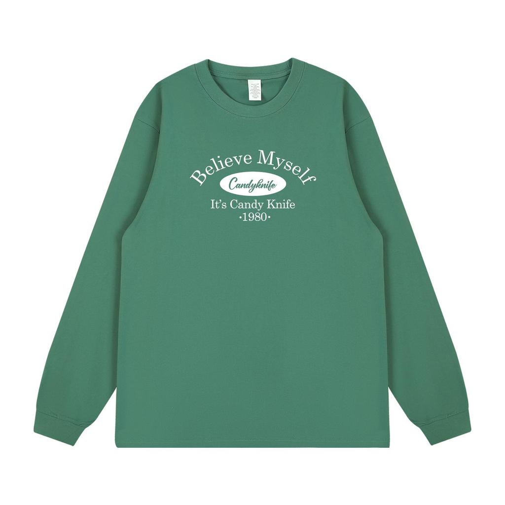 Trendy Unisex Hong Kong Style Logo Print Long Sleeve Cotton T-Shirt with Ribbed Cuffs