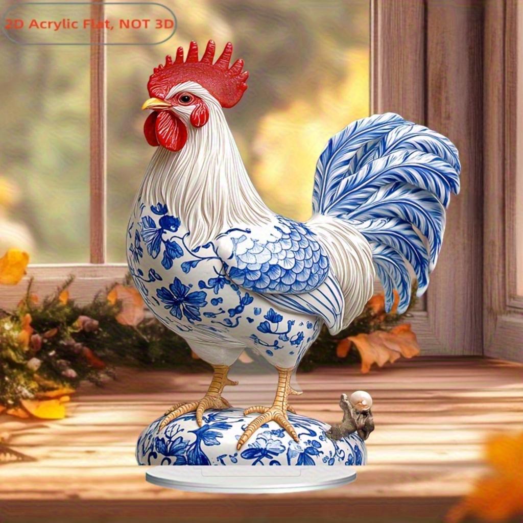 Boho Modrobílý Květinový Akrylový Kohout, 2D Efekt Vitráže pro Domácí Kancelář Zahradu, Ideální Dárek na Vánoce Velikonoce Díkůvzdání Halloween